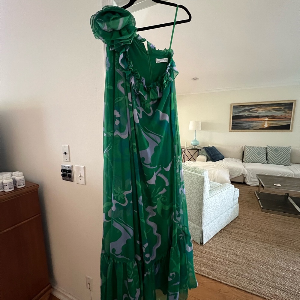 Printed Chiffon One Shoulder Rose Ruffle Maxi Dress